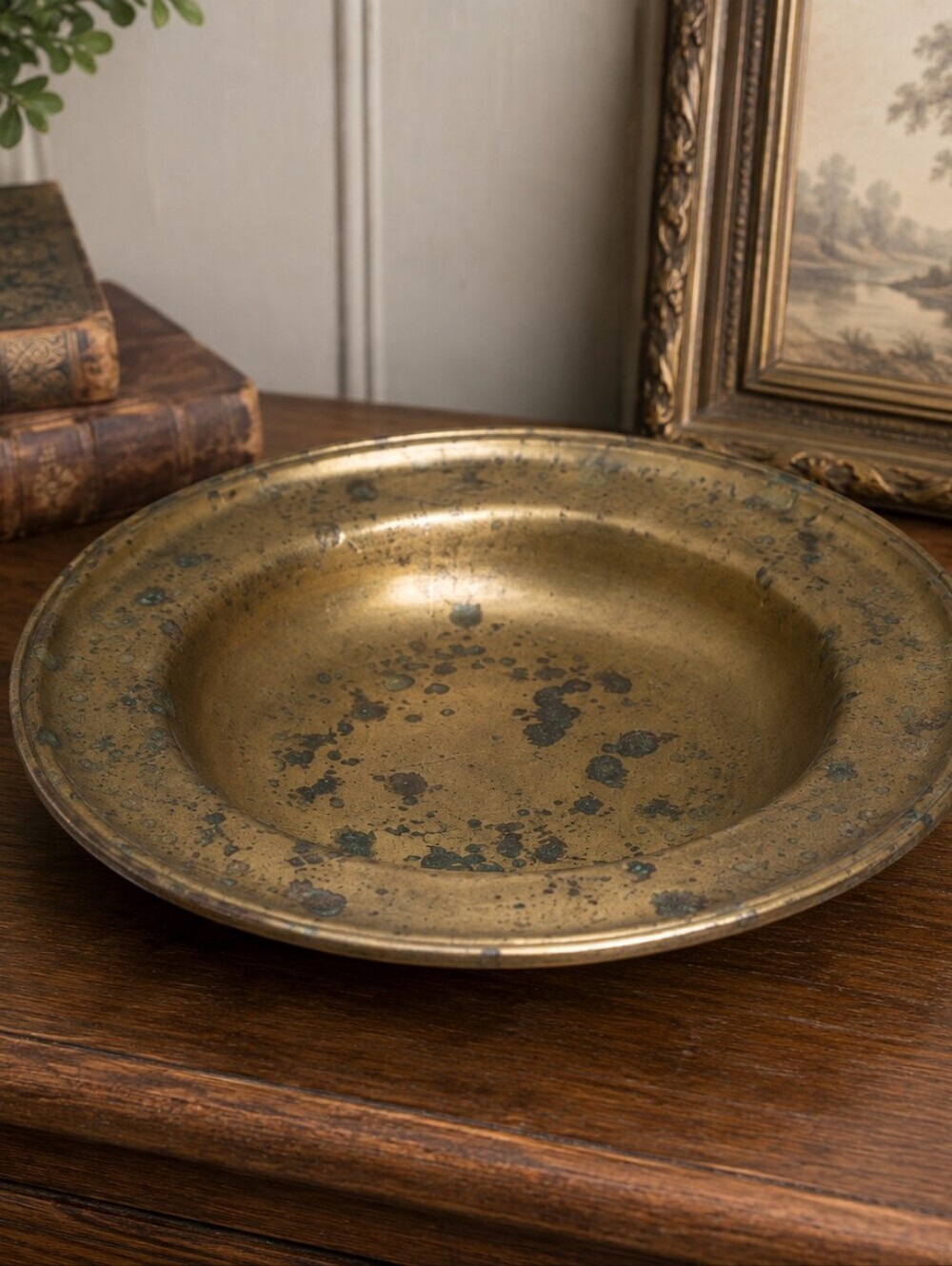 Vintage/Antique Solid Brass Shallow Bowl Patina 8.5"  Heavy Rustic Farmhouse